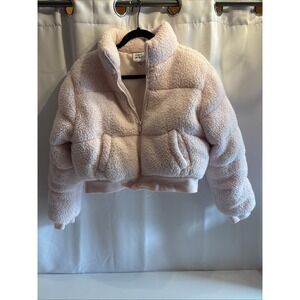 Planet Heart Juniors' Cropped Pink Sherpa Puffer Jacket L Runs Small